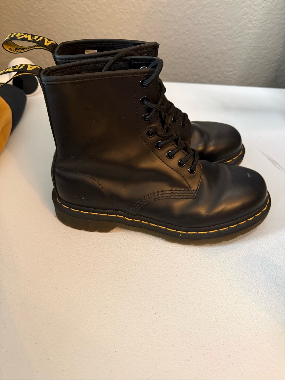 Dr. Martens Black Leather 8-Eye Boots with Yellow Stitching size 7